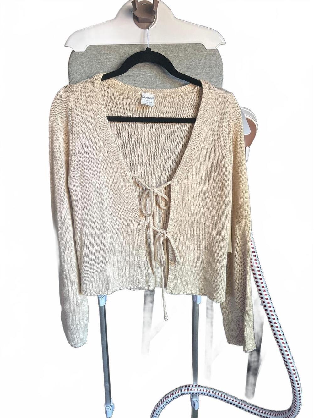 Sexy Y2K Soft Girl Coquette Bell Sleeve Beige Open Tie Front Crop Knit Cardigan